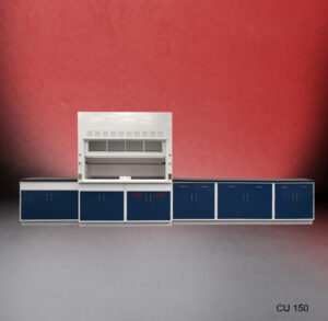 6-foot laboratory fume hood and cabinet combination unit from Fisher American. The Fisher American fume hood, centrally located, includes a glass sash for safety and a ventilation system on the upper section. Below the fume hood, there are cabinets labeled for "Acid" storage, indicating safe containment for hazardous materials. There are also cabinets for general storage. Additional blue and white cabinets extend on both sides of the fume hood for 14 extra feet of storage. The setup is displayed against a gradient red to gray background, which enhances the visibility of the equipment. The label "CU 150" appears in the bottom right corner, indicating the model number.