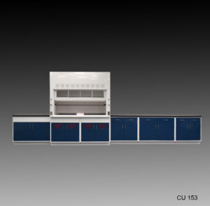 6-foot laboratory fume hood integrated with a set of blue and white storage cabinets. The fume hood, positioned centrally, features a clear glass sash and an upper ventilation panel, designed for safety and effective airflow control. Beneath the fume hood, a series of cabinets is labeled for flammable storage, while additional cabinets extend to both sides for extra storage capacity. The overall setup is against a dark gray to black gradient background, which accentuates the equipment's design. The bottom right corner of the image shows the label "CU 153," indicating the model number.