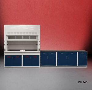 A laboratory fume hood assembly featuring a central 6-foot fume hood with a transparent glass front panel and ventilation slots at the top for safe handling of chemicals. Below the 6 ft fume hood, there are blue cabinets labeled 'ACID', indicating specific storage for hazardous materials. Next to the fume hood, an extended 9ft countertop provides additional workspace and is supported by more blue cabinets with white frames. The model number 'CU 145' is visible in the lower right corner.