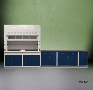 Laboratory fume hood setup includes a central fume hood with a clear glass front and ventilation openings at the top, ensuring safe chemical handling. Beneath the 6 ft fume hood, you'll find blue general storage cabinets. Adjacent to the fume hood, a spacious 9 ft countertop offers extra workspace, supported by additional blue cabinets. The background features a smooth gradient from dark green to gray, giving the lab a polished and professional appearance. The model number 'CU 143' is displayed in the lower right corner.