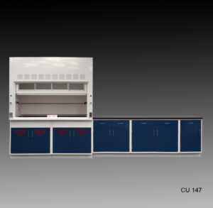 A laboratory fume hood setup with a prominent central 6-ft fume hood featuring a glass front and top ventilation slots, providing a safe environment for handling hazardous materials. The fume hood is mounted above blue cabinets labeled 'FLAMMABLE KEEP FIRE AWAY,' indicating storage for flammable chemicals. To the right, there is an extended countertop with more blue cabinets and drawers, all set within a white frame for a clean and organized appearance. The background is a gradient of black transitioning to gray, creating a subtle, professional backdrop. The model number 'CU 147' is displayed at the bottom right corner.