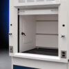 Interior view of a laboratory fume hood configuration featuring a central fume hood unit with a clear glass front and ventilation slots at the top. The fume hood is positioned above cabinets labeled 'ACID,' indicating storage for corrosive chemicals. On either side of the fume hood, there are extended countertops with additional storage cabinets and drawers in blue with white frames, providing a clean and organized workspace. The background is a gradient of dark blue transitioning to gray, creating a modern and professional laboratory environment.