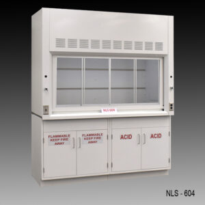 6-foot laboratory fume hood with a open sash revealing the interior workspace. The base consists of two cabinets labeled 'FLAMMABLE KEEP FIRE AWAY' and two cabinets labeled "ACID", highlighting safety precautions.