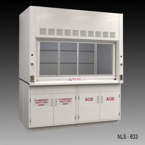 White 6 Ft x 4 Ft Fisher American Fume Hood with Flammable & Acid Storage Cabinets.