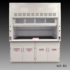 Straight on view of 6 foot x 4 foot Fisher American Fume Hood with Flammable & Acid Storage Cabinets. Sash is partly open.