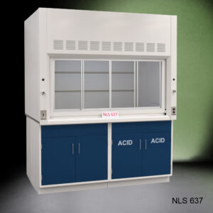 Slight angled view of closed 6' x 4' Fisher American Fume Hood w/ Blue ACID & General Storage Cabinets