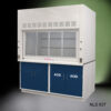 Front angle view of closed 6' x 4' Fisher American Fume Hood w/ Blue ACID & General Storage Cabinets