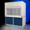 Front angled view of closed 6' x 4' Fisher American Fume Hood w/ Blue General Storage Cabinets