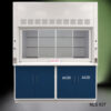 Front view with sides open 6' x 4' Fisher American Fume Hood w/ Blue ACID & General Storage Cabinets