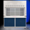 Front view of 6' x 4' Fisher American Fume Hood w/ Blue General Storage Cabinets with middle closed