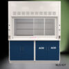 front view with left side open 6' x 4' Fisher American Fume Hood w/ Blue ACID & General Storage Cabinets
