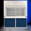 Front view of 6' x 4' Fisher American Fume Hood w/ Blue General Storage Cabinets with left side open
