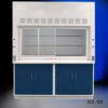 Front view of 6' x 4' Fisher American Fume Hood w/ Blue General Storage Cabinets with right side open