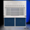 Front view of 6' x 4' Fisher American Fume Hood w/ Blue General Storage Cabinets with middle open