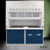 Front partially closed 6' x 4' Fisher American Fume Hood w/ Blue ACID & General Storage Cabinets