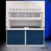 Front partially closed view of 6' x 4' Fisher American Fume Hood w/ Blue General Storage Cabinets