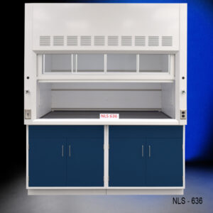 Front partially closed view of 6' x 4' Fisher American Fume Hood w/ Blue General Storage Cabinets