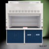 Front fully open view of 6' x 4' Fisher American Fume Hood w/ Blue ACID & General Storage Cabinets
