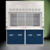 Front view with middle closed 6' x 4' Fisher American Fume Hood w/ Blue ACID Storage Cabinets