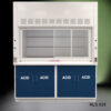 Front view with left side open 6' x 4' Fisher American Fume Hood w/ Blue ACID Storage Cabinets