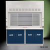 Front view with middle open 6' x 4' Fisher American Fume Hood w/ Blue ACID Storage Cabinets