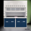 Front view of partially closed 6' x 4' Fisher American Fume Hood w/ Blue ACID Storage Cabinets