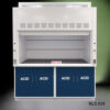 Front full view of open 6' x 4' Fisher American Fume Hood w/ Blue ACID Storage Cabinets