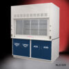 Front angled view of closed 6' x 4' Fisher American Fume Hood w/ Blue Flammable & ACID Storage Cabinets