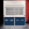 Front view left side open 6' x 4' Fisher American Fume Hood w/ Blue Flammable & ACID Storage Cabinets