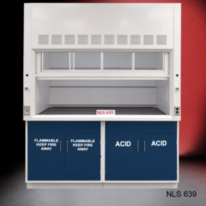 Front partially closed view of 6' x 4' Fisher American Fume Hood w/ Blue Flammable & ACID Storage Cabinets