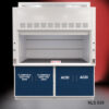 Front fully open view of 6' x 4' Fisher American Fume Hood w/ Blue Flammable & ACID Storage Cabinets