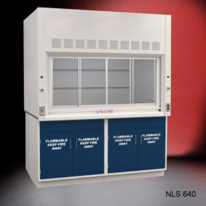 Slightly angled front view of closed 6' x 4' Fisher American Fume Hood w/ Blue Flammable Storage Cabinets