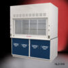 Angled front view of closed 6' x 4' Fisher American Fume Hood w/ Blue Flammable Storage Cabinets