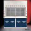 Front view of closed 6' x 4' Fisher American Fume Hood w/ Blue Flammable Storage Cabinets