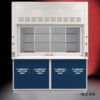 Front view center closed 6' x 4' Fisher American Fume Hood w/ Blue Flammable Storage Cabinets