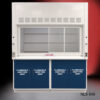 Front view with right side closed 6' x 4' Fisher American Fume Hood w/ Blue Flammable Storage Cabinets