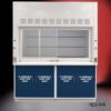 Front view left side closed 6' x 4' Fisher American Fume Hood w/ Blue Flammable Storage Cabinets