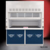 Front partially closed 6' x 4' Fisher American Fume Hood w/ Blue Flammable Storage Cabinets