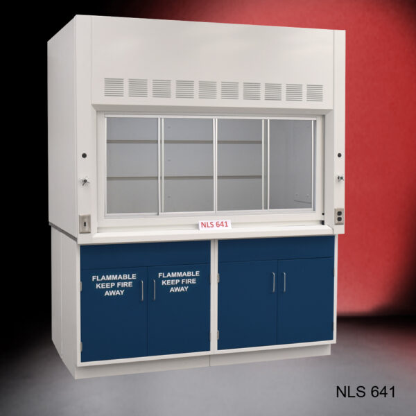 6' x 4' Fisher American Fume Hood w/ Blue Flammable & General Storage Cabinets at slight angle