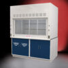 Front angled view of closed 6' x 4' Fisher American Fume Hood w/ Blue Flammable & General Storage Cabinets