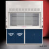 Front partially closed 6' x 4' Fisher American Fume Hood w/ Blue Flammable & General Storage Cabinets