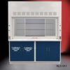 Front of 6' x 4' Fisher American Fume Hood w/ Blue Flammable & General Storage Cabinets