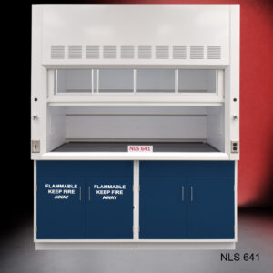 Front partially closed 6' x 4' Fisher American Fume Hood w/ Blue Flammable & General Storage Cabinets