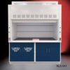 Front open view of 6' x 4' Fisher American Fume Hood w/ Blue Flammable & General Storage Cabinets