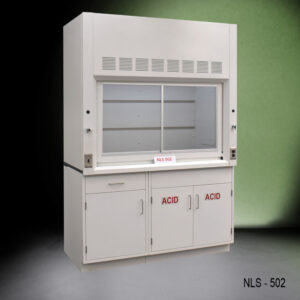 Angled view 5 ft Fisher American Fume Hood with Acid Storage Cabinet. NLS-502