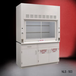 Angled view of 5' Fisher American Fume Hood with Flammable and Base Storage Cabinet.