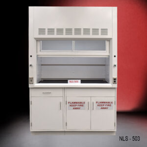 Front view of 5' Fisher American Fume Hood with Flammable Storage Cabinet. Sash is partially closed