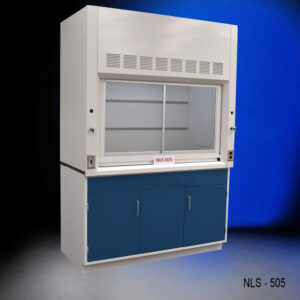 Angle view of 5' Fisher American Fume Hood that comes with Blue Storage Cabinets. Sash is closed.