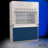 Angle view of 5' Fisher American Fume Hood that comes with Blue Storage Cabinets. Sash is closed.