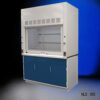 Angle view of 5' Fisher American Fume Hood that comes with Blue Storage Cabinets.